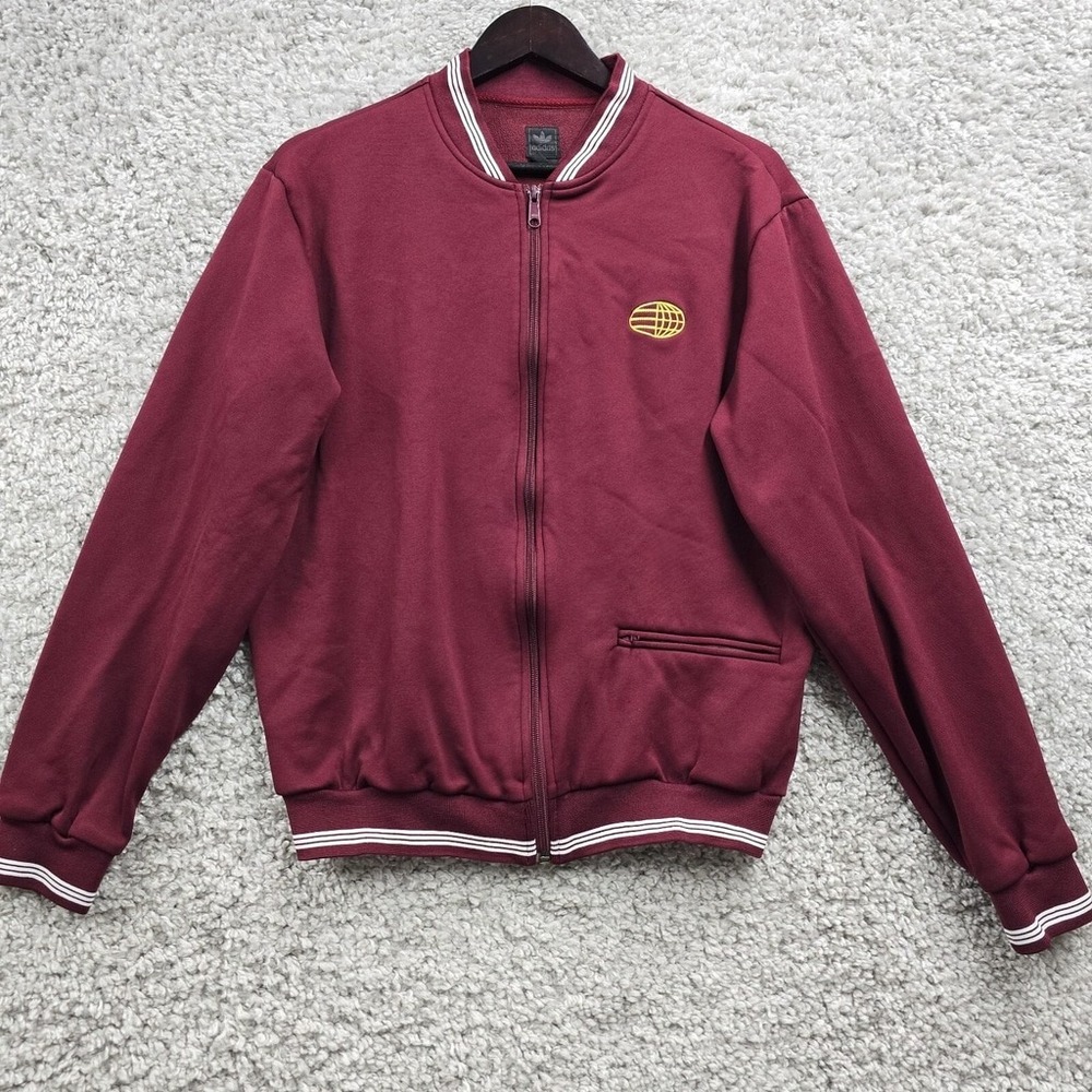 Adidas Jacket Mens Large Burgundy Worldmark Globe Full Zip Y2K Sporty